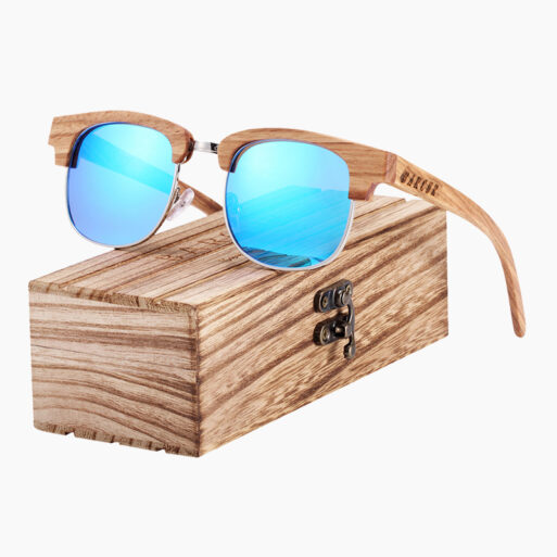 BARCUR - Γυαλιά Ηλίου Bamboo Clubmaster Style με Sky Blue Polarized Φακό (8101)