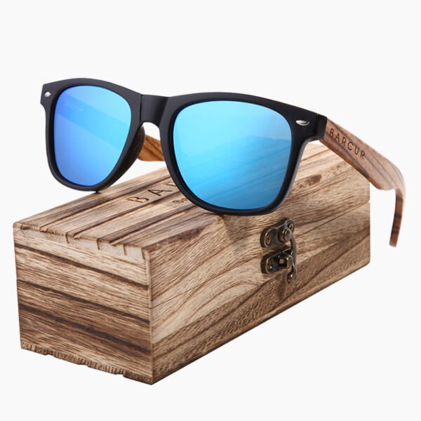 BARCUR - Γυαλιά Ηλίου Bamboo Zebrawood Wayfarer Style Μαύρα με Sky Blue Polarized Φακό (8720)