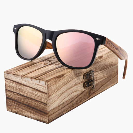 BARCUR - Γυαλιά Ηλίου Bamboo Zebrawood Wayfarer Style Μαύρα με Rose/Gold Polarized Φακό (8720)