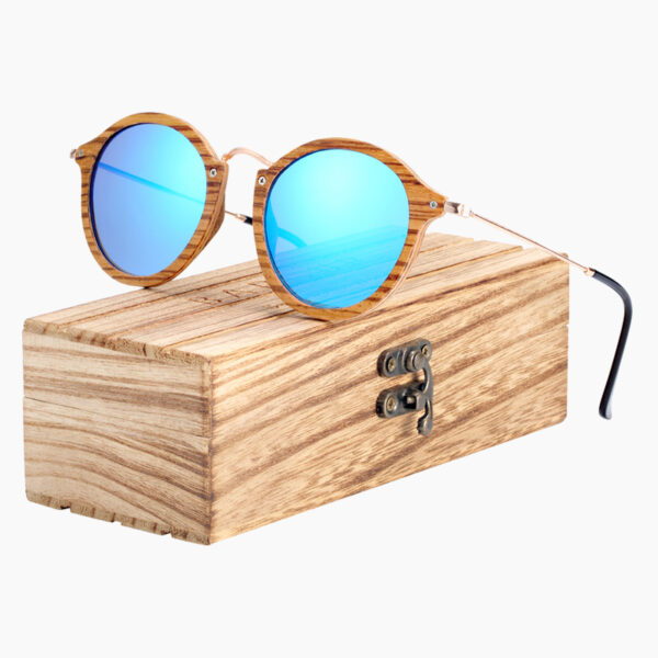 BARCUR - Γυαλιά Ηλίου Zebrawood Vintage Round Style με Sky Blue Polarized Φακό (7105)