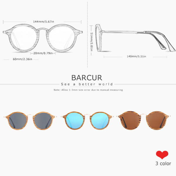 BARCUR - Γυαλιά Ηλίου Bamboo Vintage Round Style με Tea Polarized Φακό (7105)