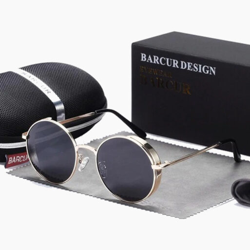 BARCUR - Γυαλιά Ηλίου Round Stainless Gold Σκελετός & Black Φακός Polarized (8370)