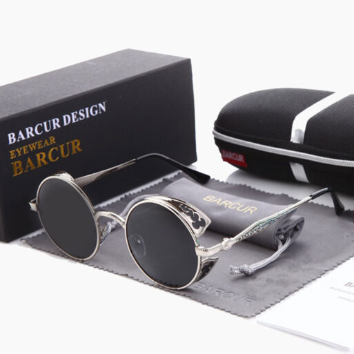 BARCUR - Γυαλιά Ηλίου Round Stainless Silver Σκελετός & Black Φακός Polarized (8371)