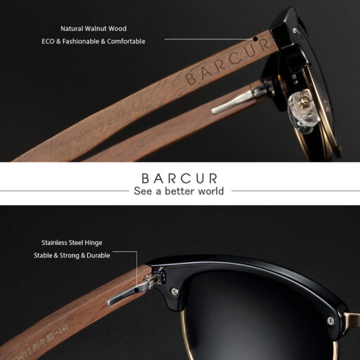 BARCUR - Γυαλιά Ηλίου Walnut Clubmaster Style με Black Polarized Φακό (4005)